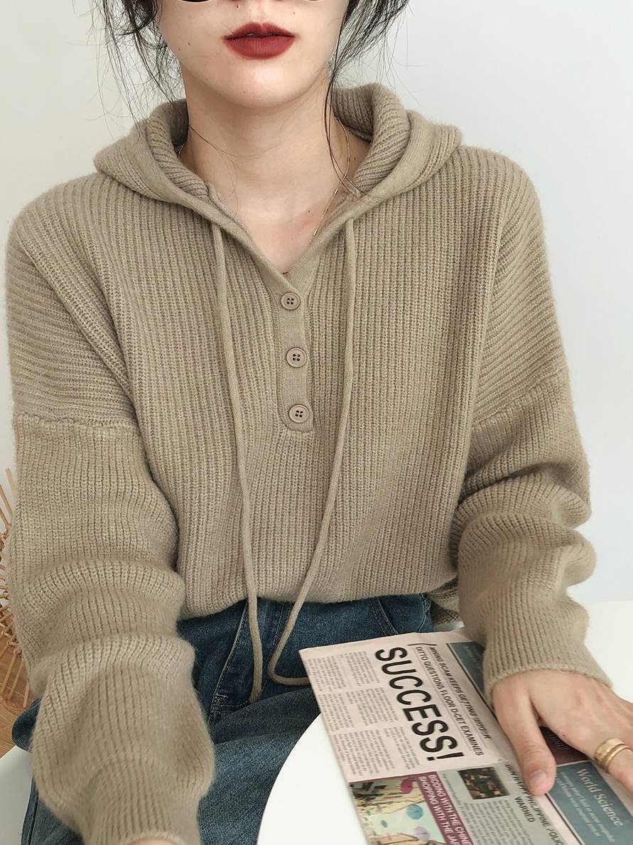 新品戴帽子针织衫女装早c秋装短开衫2021新薄款小个子外搭上毛衣外套