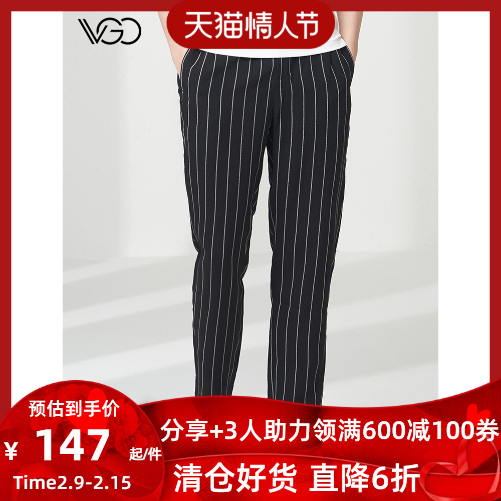 VGO春夏男士九分黑色竖条纹裤韩版潮流宽松直筒新款休闲裤显瘦款*在类目 男装, 休闲裤中 - 来自Buy2taobao.com提供专业的淘宝代购服务
