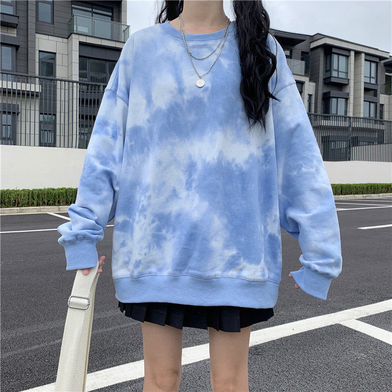 蓝色扎染卫衣女秋冬小众情侣装中长款显瘦宽松炸街打底衫配打底裤