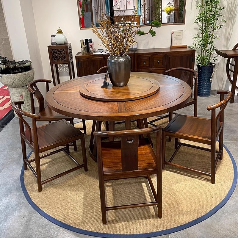 新中式实木餐桌椅组合圆形餐桌现代简约饭桌大小户型套装家具定制