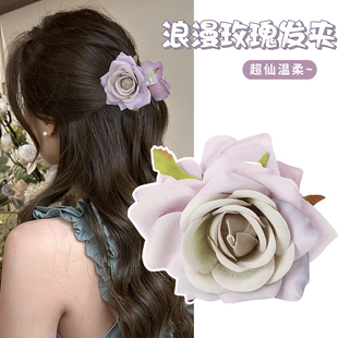 紫色玫瑰花发夹女夏季法式高级感侧边夹刘海夹子仿真花发卡发饰潮