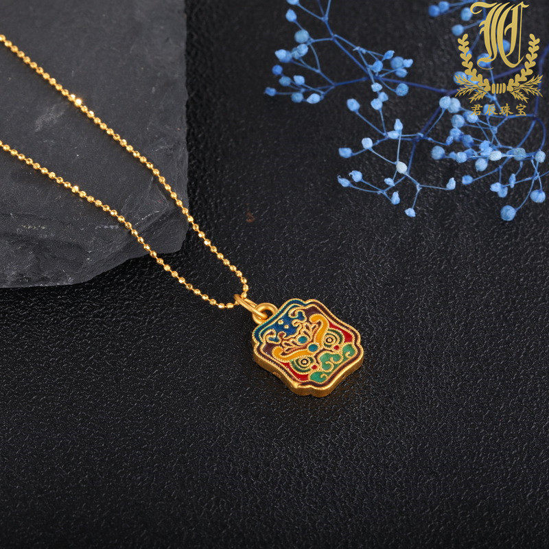 古法黄金瑞兽吊坠牌足金999复古烧蓝国潮神兽纯金diy手链挂坠女款