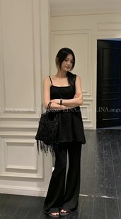 LINA 气质套装黑色露背绑带吊带背心女夏季微喇裤拖地裤两件套ins