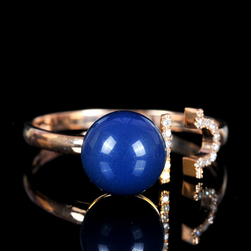 1.79g【强荧光】天秤座 18k金镶钻 极美蓝珀戒指 0659