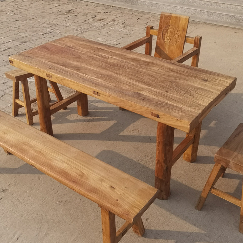 老榆木门板茶桌茶台怀旧原木吧台风化木板餐桌旧木桌复古实木桌子