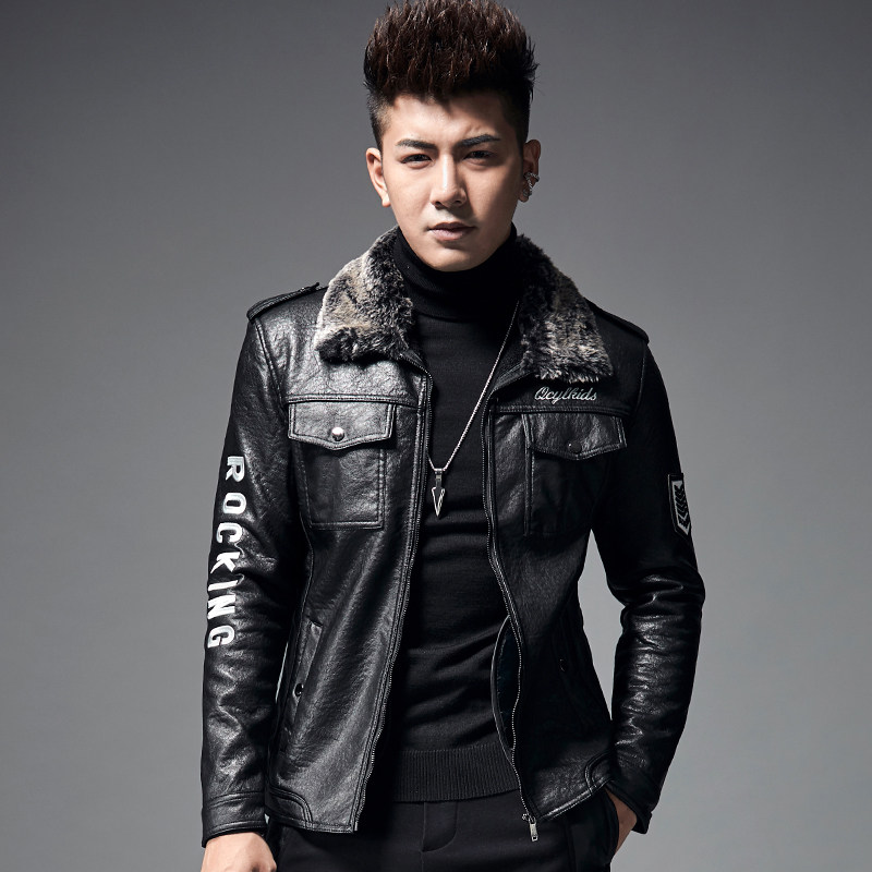 热销机车羊羔毛外套男_2019秋冬男士机车服刺绣皮衣韩版修身夹克男