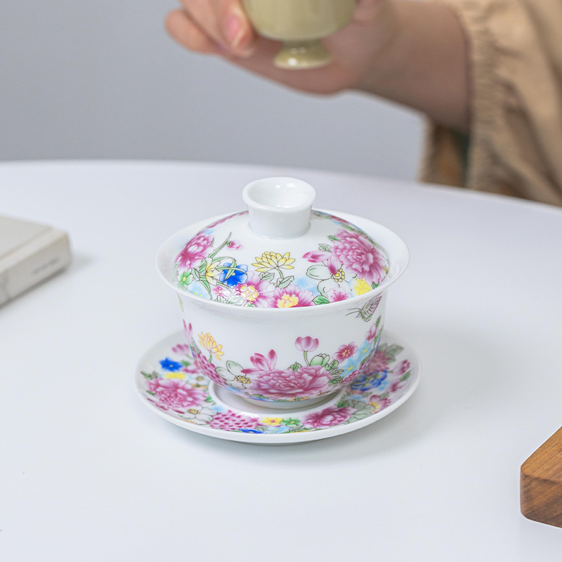 盖碗蝶恋花德化羊脂玉单个瓷手绘珐琅彩三才盖碗盖碗茶杯陶瓷盖碗