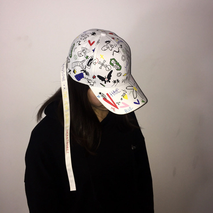 权志龙gd同款棒球帽女长带子涂鸦图案帽子夏百搭学生韩版男鸭舌帽
