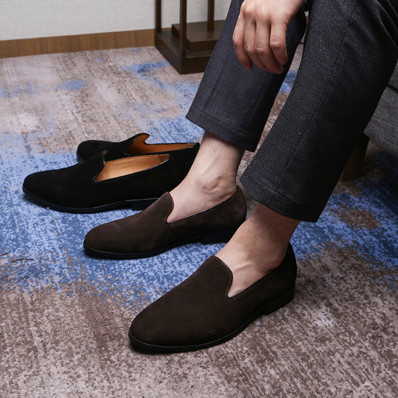 弓长梦男鞋 吸烟鞋男英伦商务休闲皮鞋轻便一脚蹬夏季反绒乐福鞋