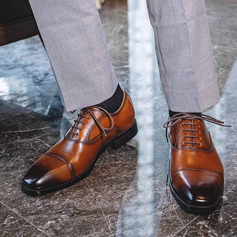 弓长梦男鞋 真皮商务正装手工鞋系带牛津鞋英伦婚鞋男士皮鞋夏季