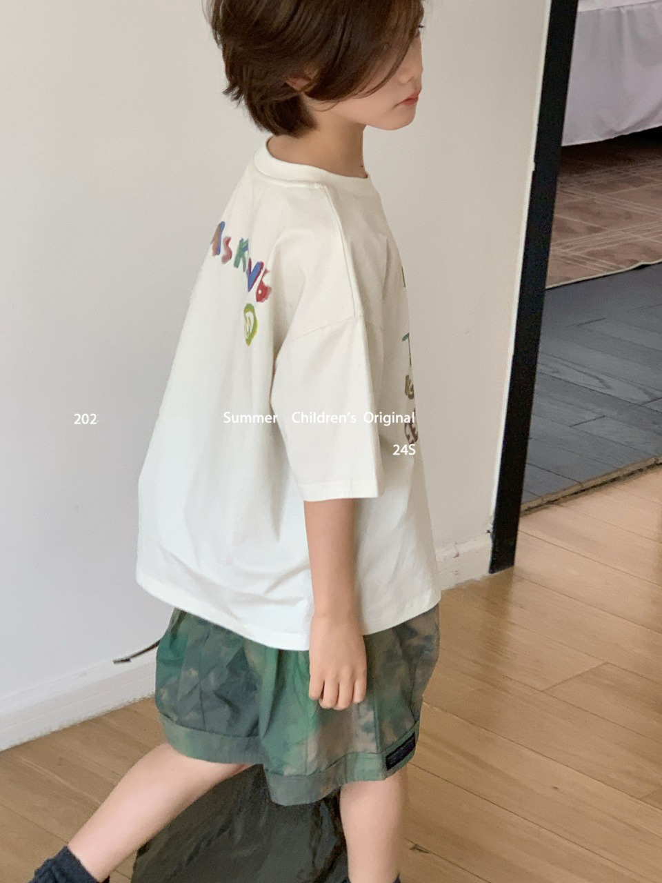 韩国童装男童字母T恤圆领米色显白洋气绿色扎染中裤全棉柔软薄女