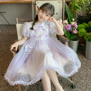 女童连衣裙2024新款夏款儿童装夏季中国风高级感紫色公主裙新中式