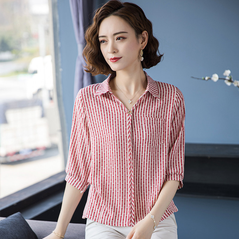 恒源祥真丝短袖t恤女夏季薄款中年妈妈宽松条纹桑蚕丝中袖上衣潮