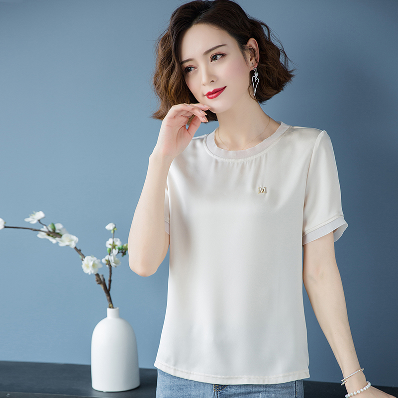 恒源祥真丝短袖t恤女夏装薄款宽松百搭短款时尚桑蚕丝中袖上衣