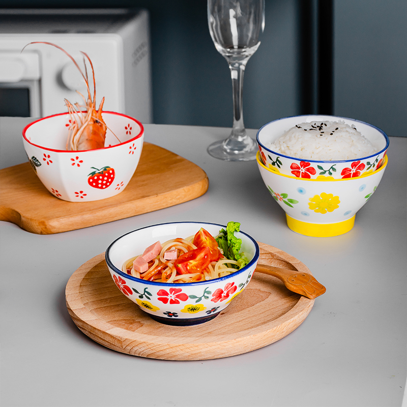 日式手绘花卉陶瓷餐具一人食家用可爱小碗米饭碗创意个性高脚碗