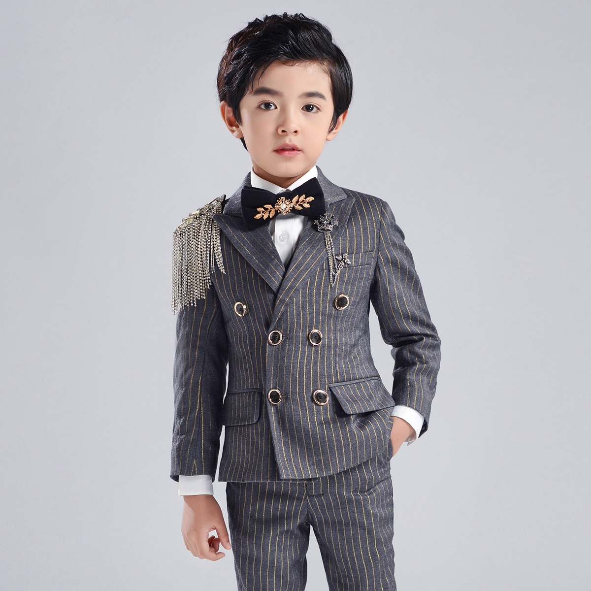 imo 男童西服儿童西装时尚英伦风西装灰色花童礼服钢琴演出服走秀