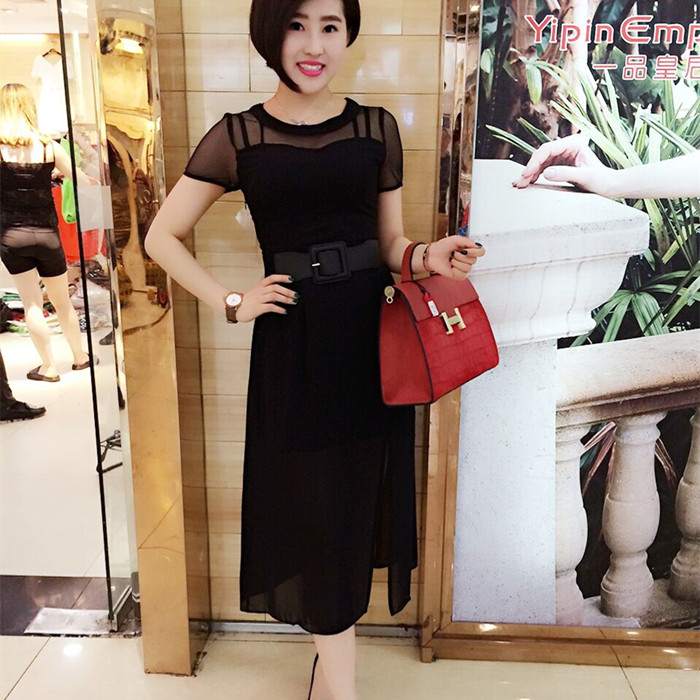 2017新品蕾丝雪纺镂空开叉黑色长裙修身显瘦性感大码短袖连衣裙女