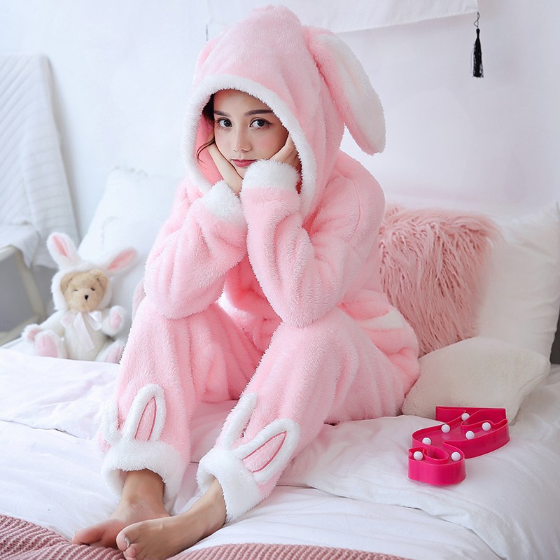 珊瑚绒睡衣女秋冬季学生连帽加厚毛茸茸可爱兔子保暖家居服可外穿