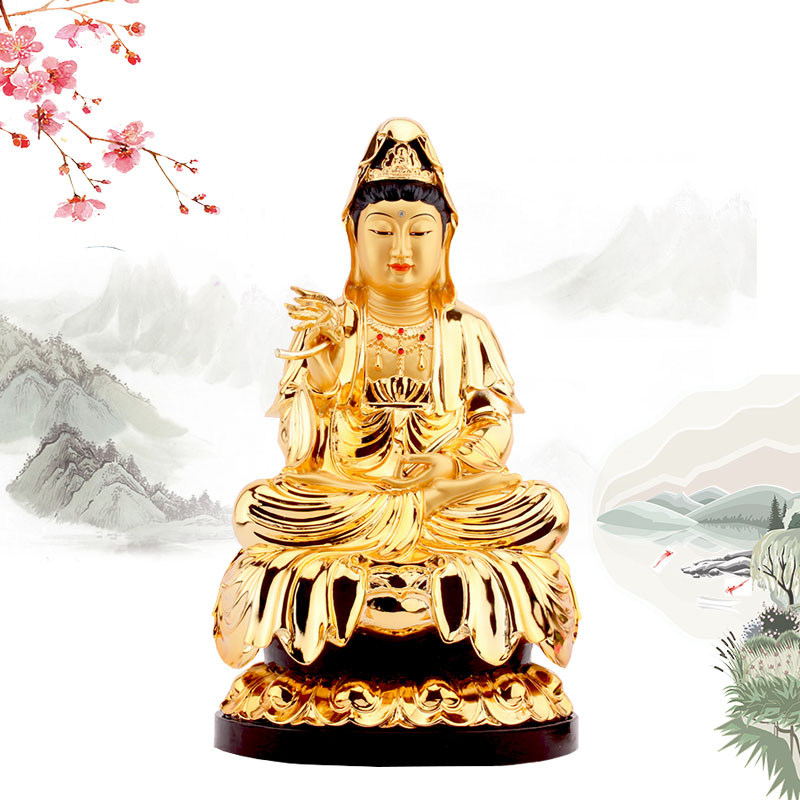 台湾鎏金纯铜观音佛像南海观音菩萨观世音像娑婆三圣居家供奉摆件
