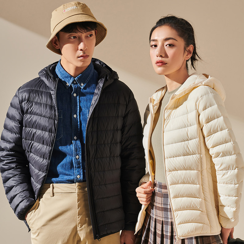 outdoor秋冬季羽绒服男立领90白鸭绒轻薄短款连帽运动加厚外套女