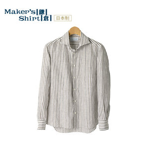 镰仓亚麻长袖衬衫 竖条纹大八领衬衣上衣日本kamakurashirts