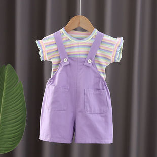 女童夏季背带裤套装2024新款宝宝夏装条纹时髦洋气儿童短袖两件套