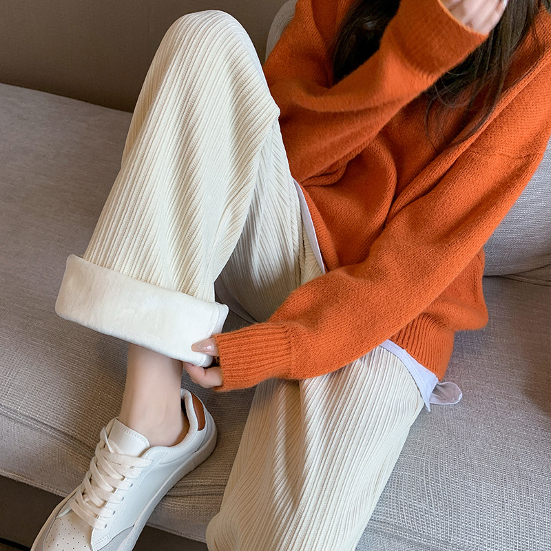 雪尼尔加绒阔腿裤女秋冬2021新款米色直筒宽松休闲垂感灯芯绒裤子