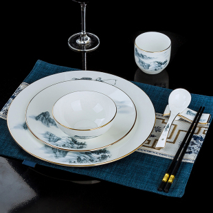 新中式摆台餐具套装骨瓷碗碟盘勺定制餐厅会所国风酒店餐具四件套