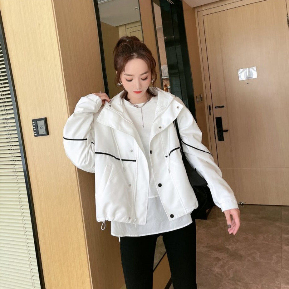 ins网红秋季新街头风百搭连帽夹克外套白色宽松休闲冲锋衣女款潮
