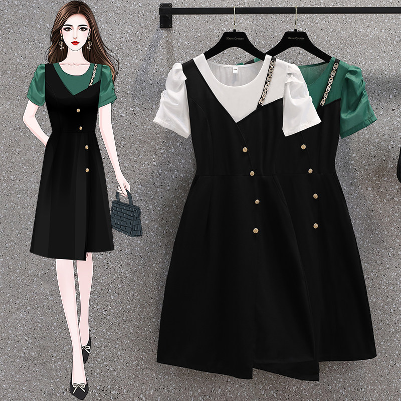 PF13024#夏季新款胖MM拼色时尚链条不规则修身显瘦假两件连衣裙