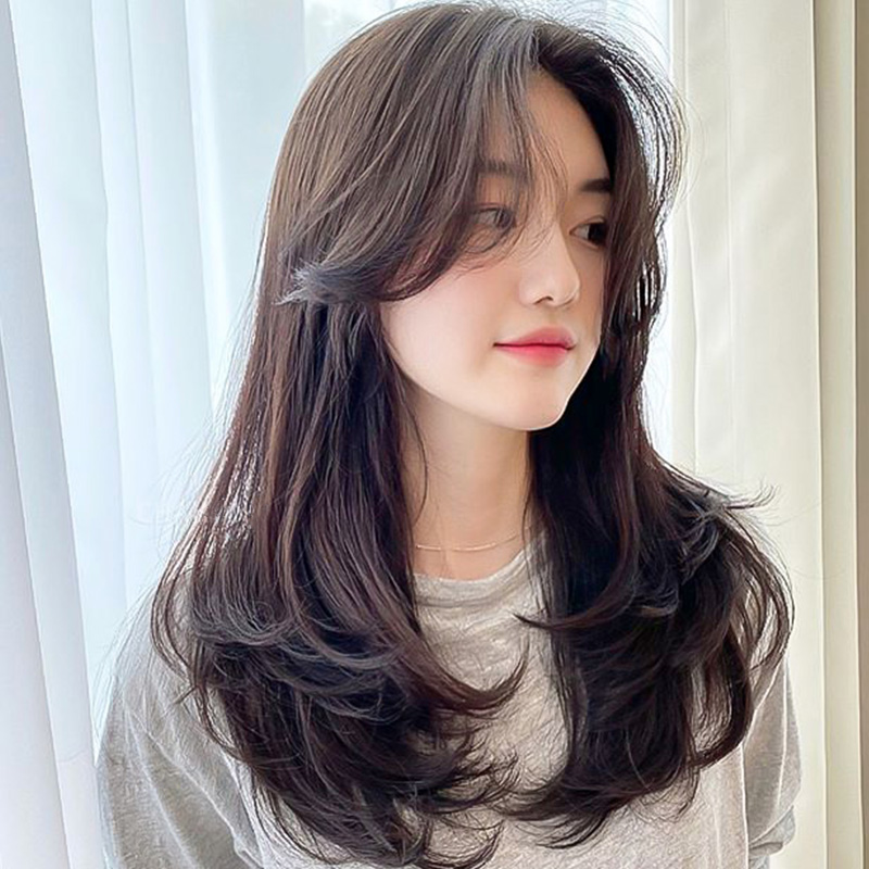 假发中分_假发女长发网红中分八字刘海锁骨发自然蓬松大波浪长卷发全