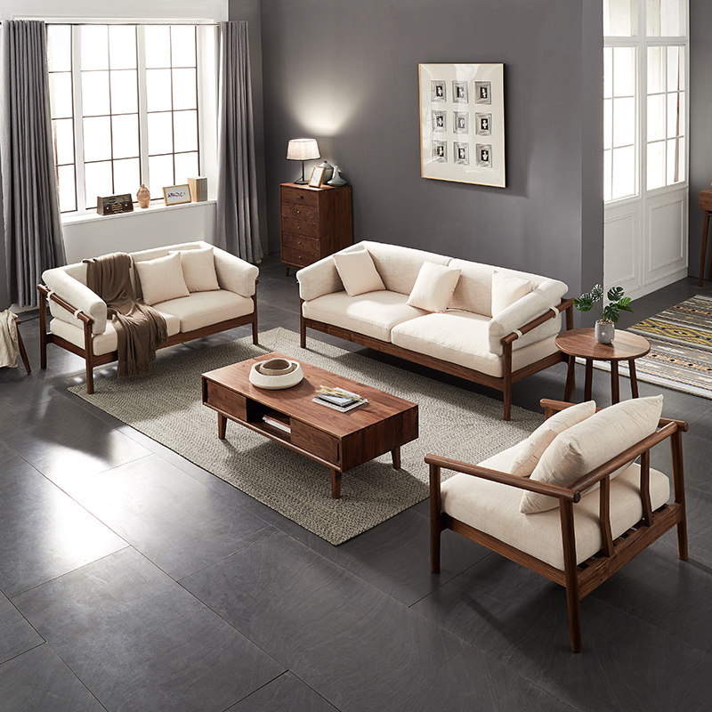 全实木沙发组合黑胡桃木布艺现代简约北欧客厅精品小户型轻奢沙发