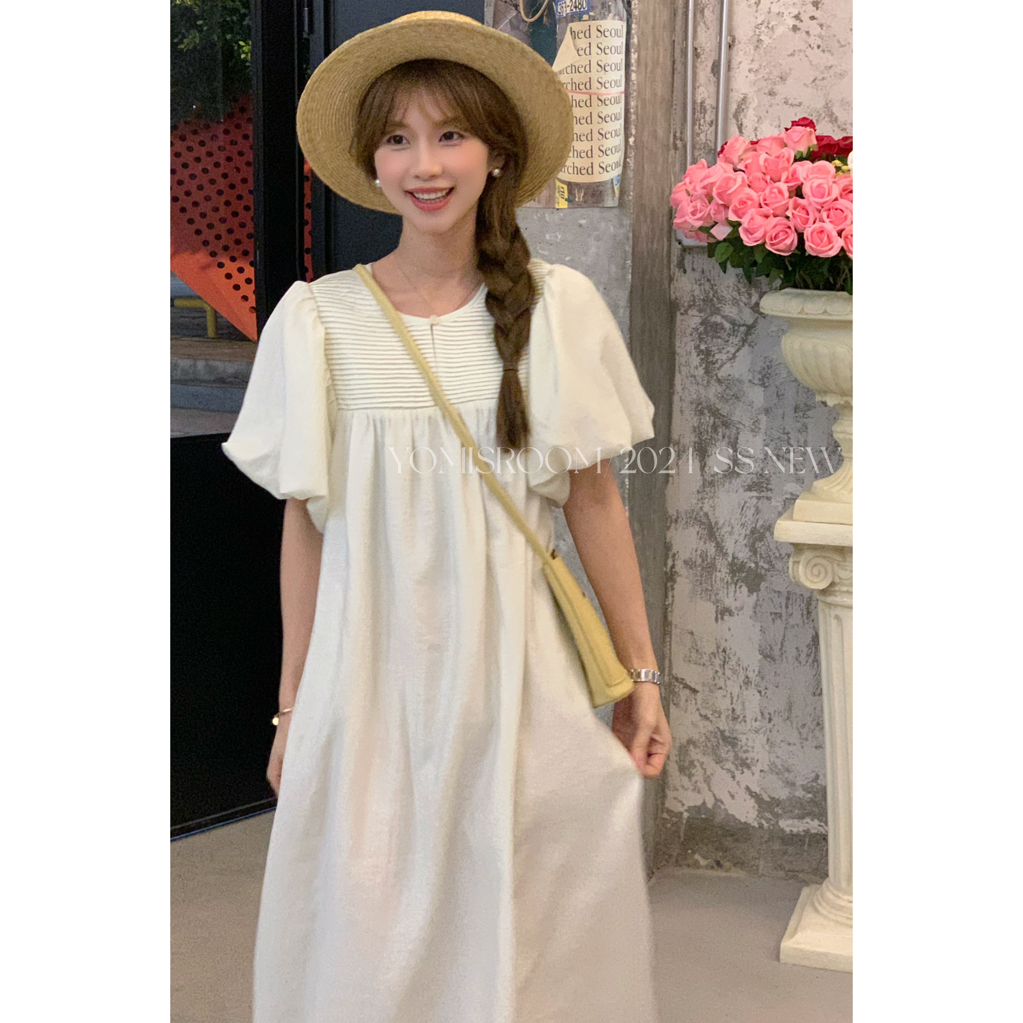 哟米YOMI 法式杏白色连衣裙女小个子灯笼袖设计感宽松气质长裙子