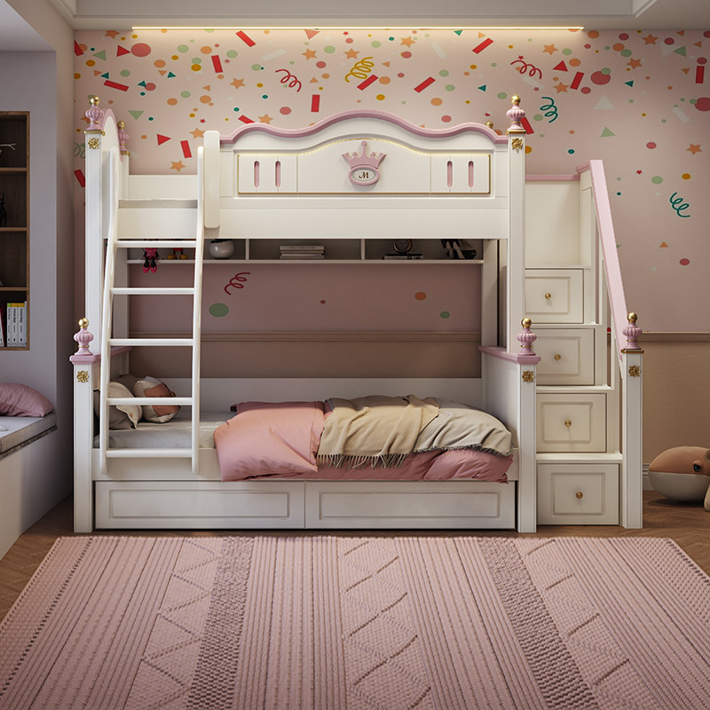 梦幻年华美式简约公主床1.5m上下床子母床儿童高低床女孩卧室家具