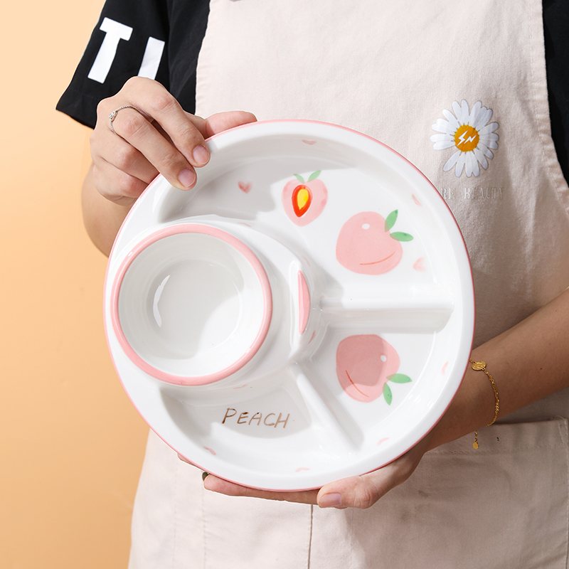 韩式ins水蜜桃分格餐盘一人食家用早餐餐具陶瓷减脂211餐盘套装