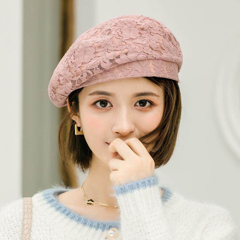 贝雷帽女秋冬薄款透气复古八角帽日系百搭休闲褶皱蕾丝画家帽子潮