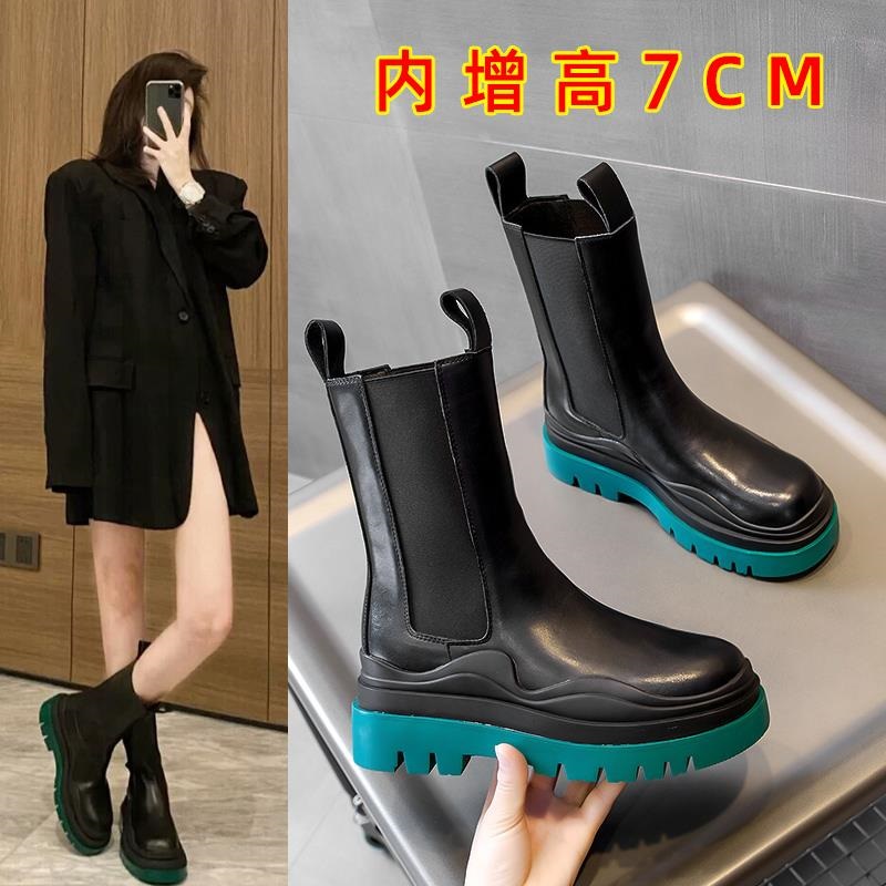 网红中筒马丁靴女黑色绿底bv靴子2020秋季新款内厚底烟筒女鞋