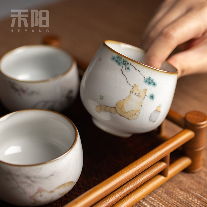 禾阳 汝窑茶杯猫杯子陶瓷品茗杯 开片单杯主人杯茶盏家用仿古茶碗