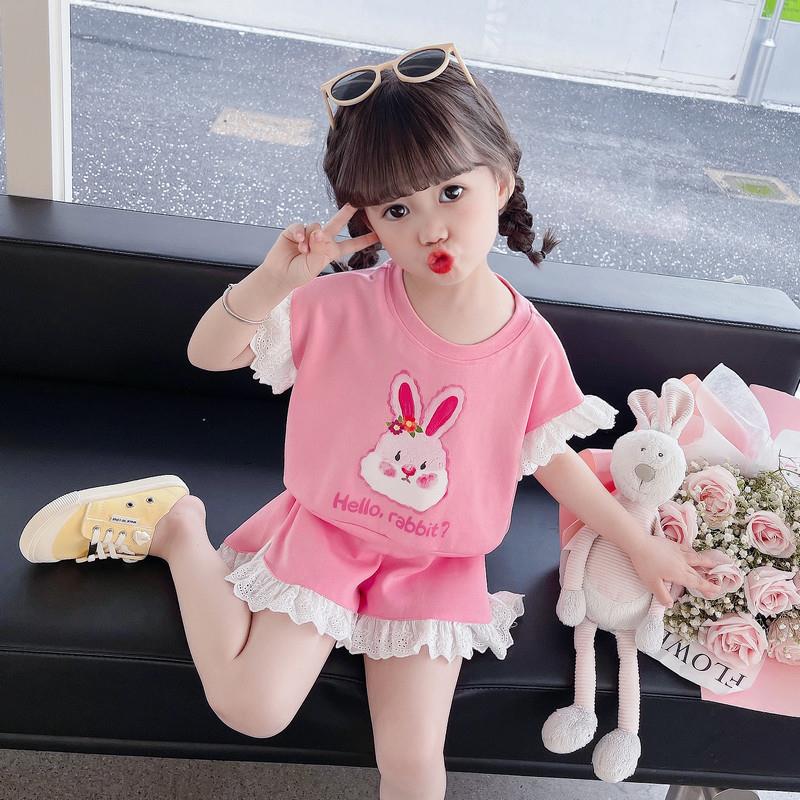 小女孩穿的女宝宝夏款短袖套装洋气时髦新款中小童夏季兔子花边短