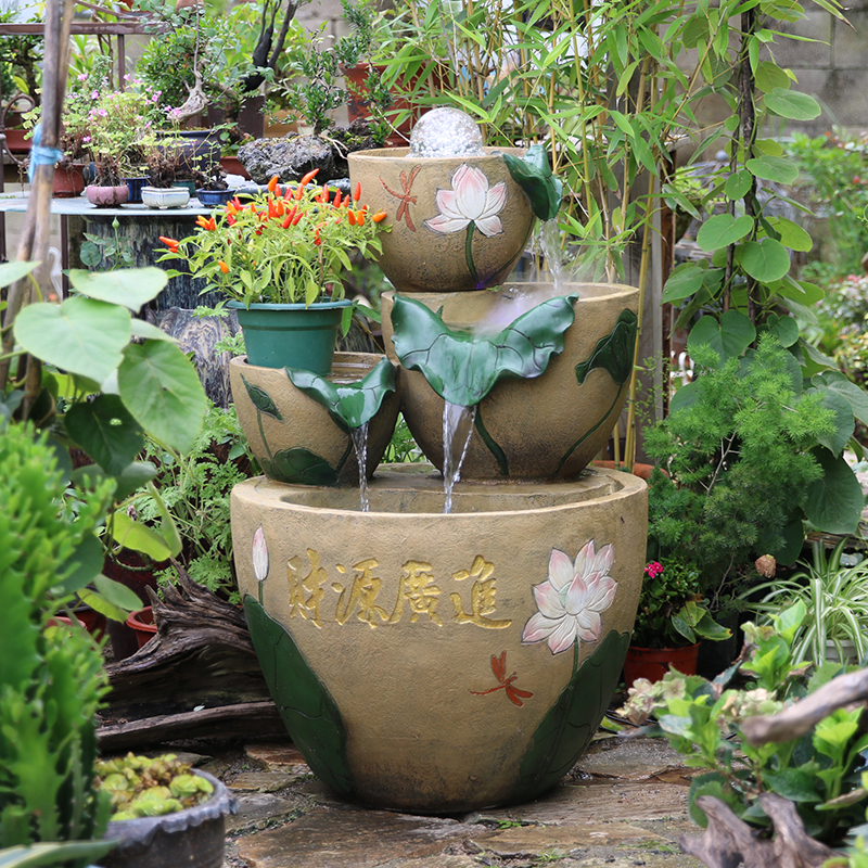 荷花落地风水轮假山流水喷泉鱼池缸阳台庭院别墅大摆件乔迁加湿器