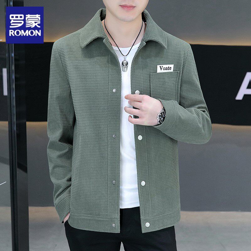 罗蒙男士翻领夹克春秋季新款华夫格上衣秋冬休闲工装外套加绒衣服