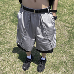 美式机能短裤男夏季高街设计感假两件拉链冲锋裤宽松休闲五分裤子