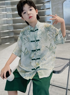 韩系新中式男童汉服套装儿童复古唐装夏季薄款短袖复古风盘扣两件