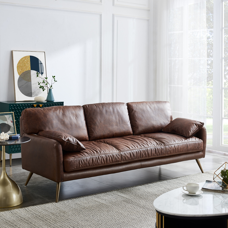 北欧简约现代小户型轻奢单人双人三人客厅棕色牛皮复古真皮沙发