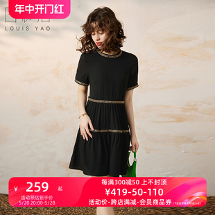 白鹿语设计感拼接织带小黑裙24夏款优雅气质圆领宽松短袖女连衣裙