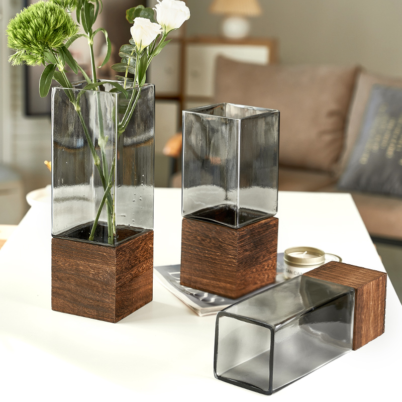 新中式实木方口花瓶摆件客厅插花玻璃