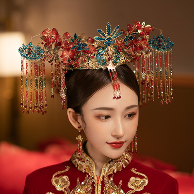 秀禾汉服头饰品景泰蓝古装凤冠新款结婚大气复古中式婚礼新娘发饰