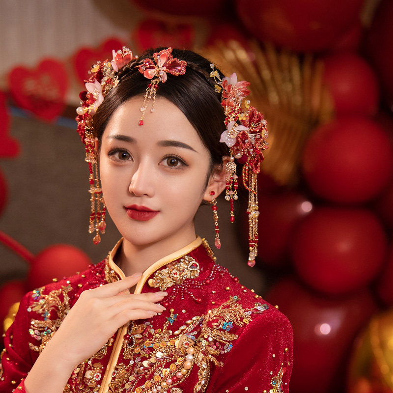 中式秀禾服头饰红色眉心坠套装唯美造花液琉璃花古装结婚新娘发饰