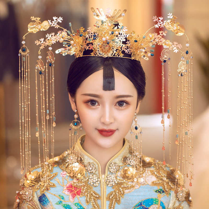 新娘头饰中式凤冠结婚古装发饰套装秀禾服龙凤褂金色配饰品