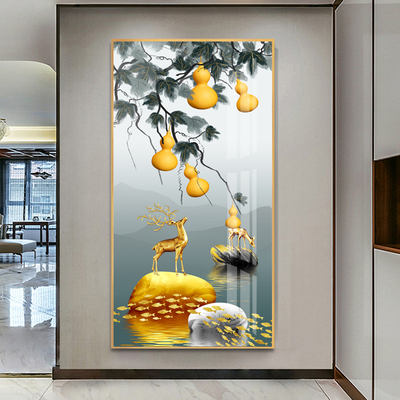 五福临门玄关装饰画竖版进门葫芦挂画现代简约走廊过道壁画大气鹿